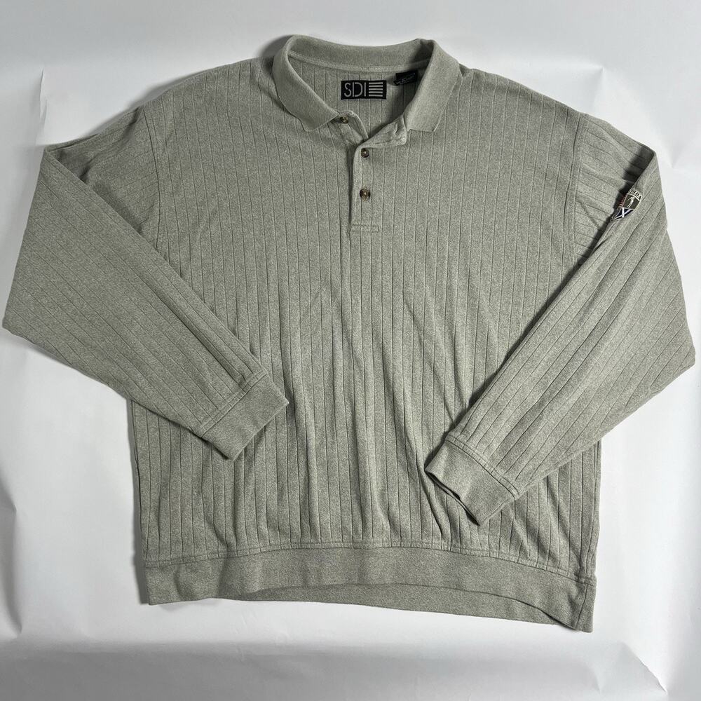 SDI Men's XL Regular‎ Polo Shirt Gray Solid Long Sleeve Cotton Knit Button